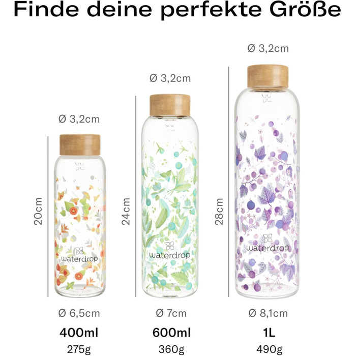 waterdrop® Edition Glass Bottle 600ml Drinking Bottle - Leak-proof glass bottle, suitable for carbonated drinks | BPA-free water bottle including neoprene sleeve | Dishwasher-safe, lightweight borosilicate glass bottle (Clean Melange)