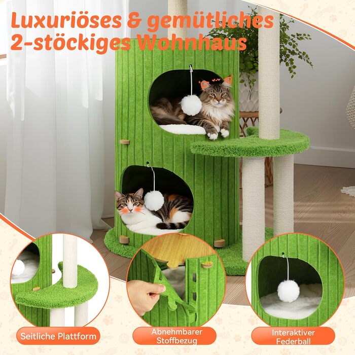 Котячий будиночок з подряпувачем Luxus: широка колона з берези, міцний, до 25 кг, сизаль, велике ліжко з подушкою з льону, легко збирається (зелений)