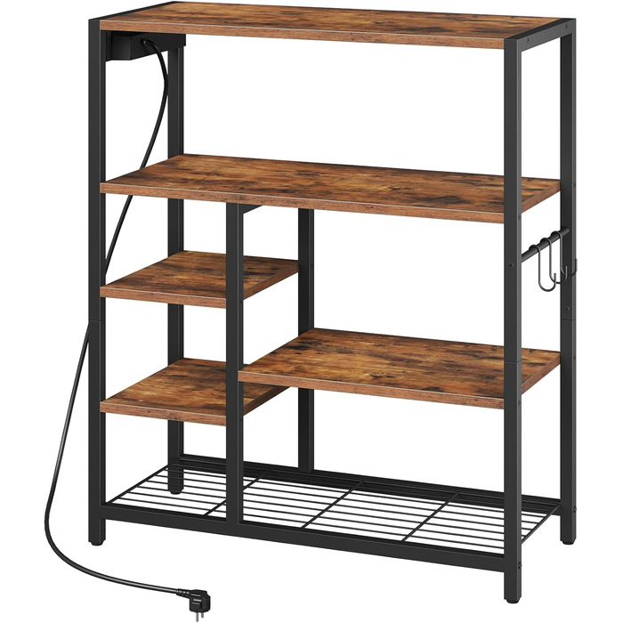 HOOBRO Поличка кухонна з розеткою (3 розетки з вимикачем), підлогова, для мікрохвильової печі з 3 знімними S-гачками, 5 ярусів, для кухні та вітальні, вінтажний коричневий та чорний колір, EBF25CHB01