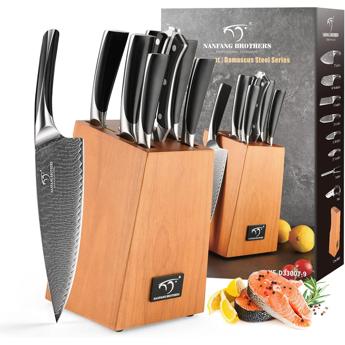 NANFANG BROTHERS 18-Piece Damascus Kitchen Knife Set with Hammered Handles & Wooden Block - Premium Quality