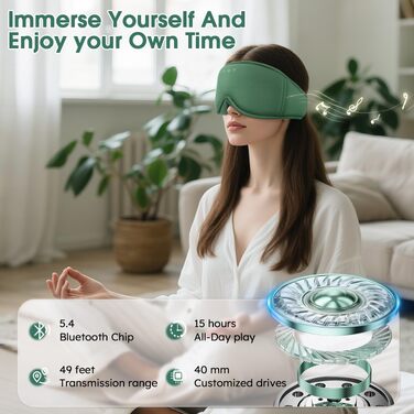 Маска для сну Dolida з Bluetooth навушниками, 3D бамбукова маска для очей для жінок та чоловіків, з мікрофоном, зелена