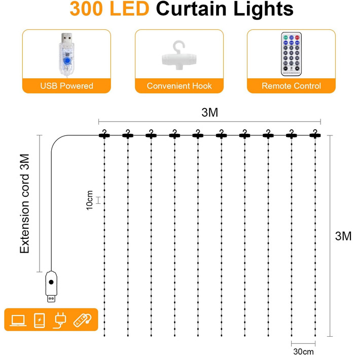 Ляптова гірлянда 2x2м з 200 LED, USB, тепле біле світло для декору стін, кімнати, вечірки, весілля, Рамадан, Різдва