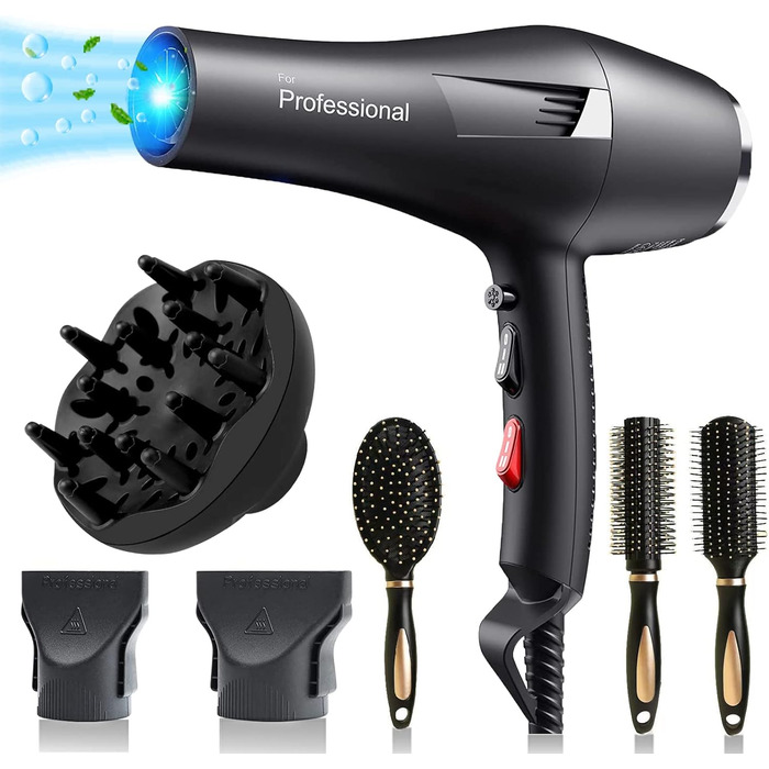 Іонний фен LOEVERY з потужним AC мотором 2400W, дифузором та 3 насадками, для професійного та домашнього використання, чорний