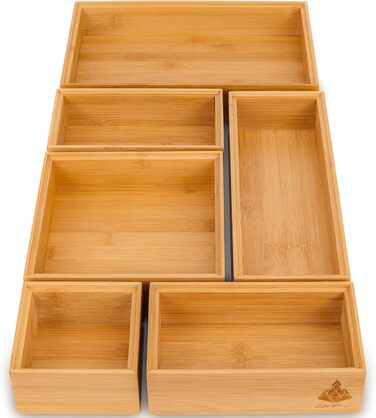Lilly Things ANTI-SLIP Bamboo Drawer Organizer System (6 Piece, Wood) Drawer Organizer, Drawer Insert, Storage Box for Makeup, Cosmetics, Vanity, Desk, Office, Bathroom, Kitchen