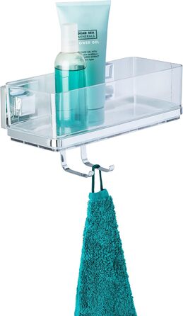 WENKO Vacuum-Loc Bathroom Wall Shelf Quadro with Hooks, 2 Tiers, with Removable Bowl, Mounting without Drilling, Stainless Steel/Plastic, 25.5 x 15 x 14 cm