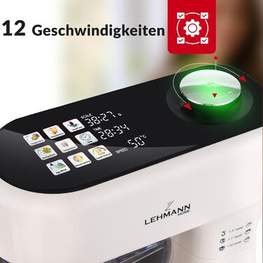 Кухонна машина Lehmann з дисплеєм, 1500 Вт, 12 швидкостей, функція ферментації з підігрівом, вбудовані ваги, таймер, чаша 5 л та 3 насадки-мішалки, Бежевий