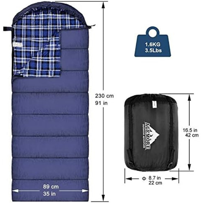 Adult Cotton Flannel Sleeping Bag - Camping, Hiking, Travel - Lightweight 3-4 Season Sleeping Bag (Blue/Blue)