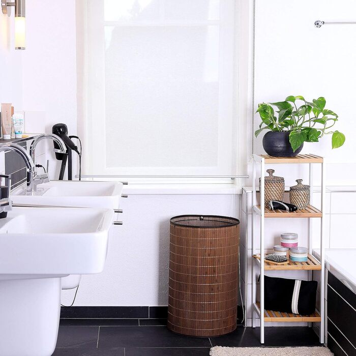 Dibea Bathroom Shelf with 4 Shelves, Living Room Shelf, Standing Shelf, Bamboo Shelf, Bathroom Shelf, Book Shelf, Corner Shelf, Kitchen Shelf, 33x33x98 cm, natural/white