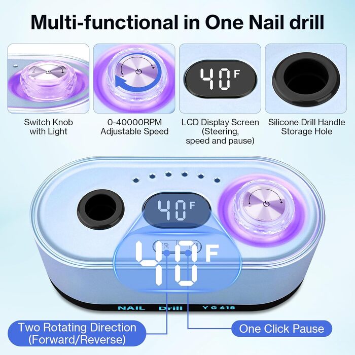 Електрична шліфувальна машинка для нігтів, професійна, 40000 об/хв, LCD манікюр/педикюр, набір з багатофункціональною базою, портативна, з підсвічуванням, сенсорне керування (Світло-блакитний)