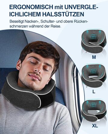 Подушка для шиї в літак, доросла, з піною з пам'яті, регульована та компактна, для автомобіля з навушниками, маскою для сну, чохлом