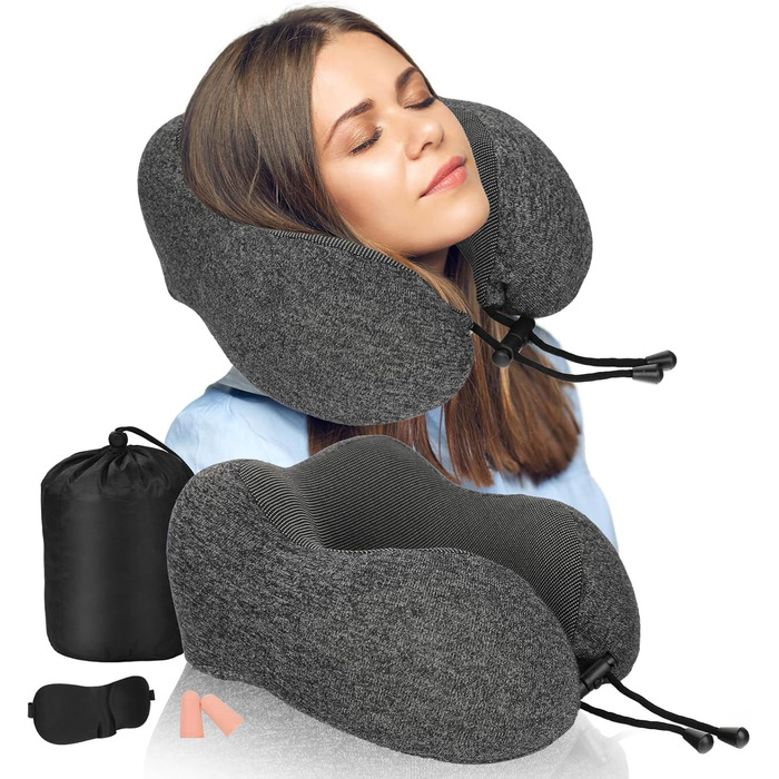 Подушка для шиї з Memory Foam, підтримка голови, набір для подорожей: маска для сну, навушники, чохол, м'яка подушка для сну в авто, літаку, офісі та вдома (Сірий)