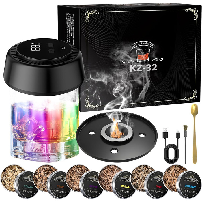 Електричний набір для копчення віскі, коктейльний дим-сет з LED-підсвічуванням, ретро-набір для копчення з 6 дерев'яними чіпсами, USB-C перезарядна аксесуар для віскі та бурбону