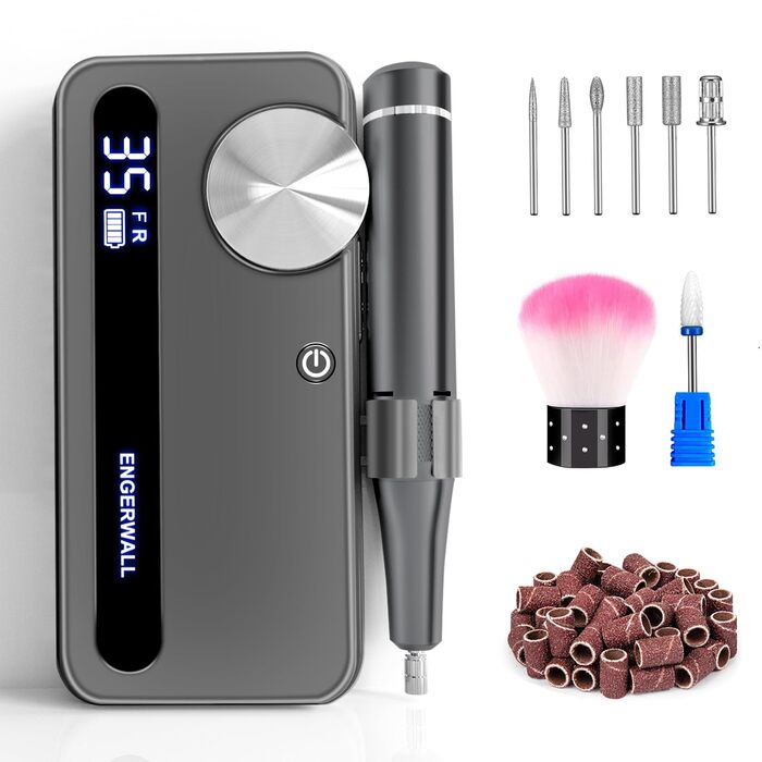Професійний фрезер для нігтів ENGERWALL 35000 об/хв, акумуляторний, для гелю та акрилу, електричний, манікюрний набір з 7 насадок та 56 шліфувальних стрічок, темно-срібний, портативний
