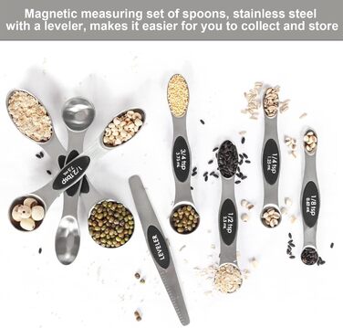 Magnetic Measuring Spoon Set, Stainless Steel with Leveler, 9-Piece, Stackable, Metal, Measuring Spoons for Baking, Measuring Cups and Spoons, Kitchen Gadgets, Home Accessories, Fits in Spice Jars