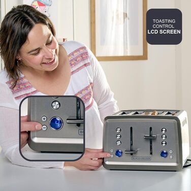 Тостер BLACK+DECKER BXTO1960E з цифровим керуванням, 1960 Вт, 4 слоти, 6 рівнів підсмажування, функції: стоп, підігрів, розморожування, автоматичне центрування, підігрівач для бутербродів