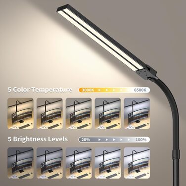 LED лампа для столу Doppelkopf з регулюванням яскравості, 24W, 80см, 5 температур кольору, 5 рівнів яскравості, для роботи, дому, офісу, навчання та читання, чорна