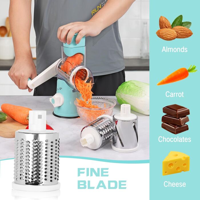 Ручна тертка для сиру та овочів Diealles Shine з ручкою, 3 змінні леза з нержавіючої сталі, для сиру, овочів, горіхів, кави (блакитна)