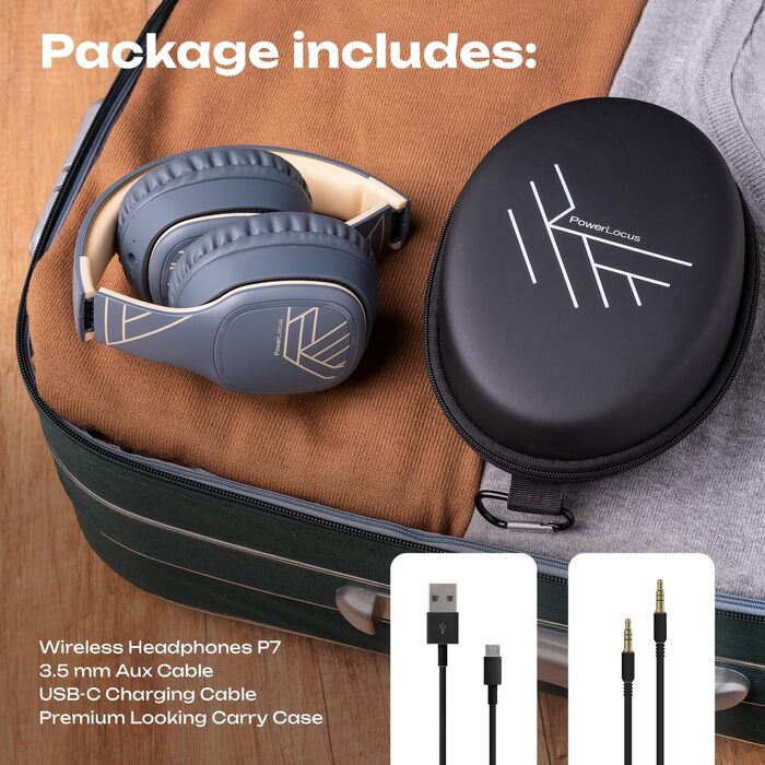 PowerLocus P7 Bluetooth навушники Over-Ear, складні, бездротові з басами, Hi-Fi стерео, з функцією гучного зв'язку, USB-C зарядка, тривалий час роботи для iPhone/PC/TV (Лінійний сірий)