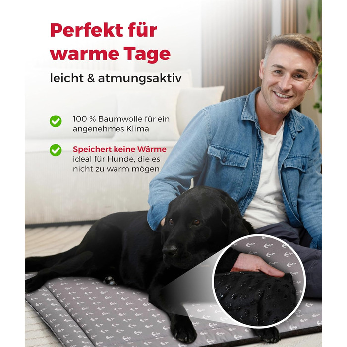 Літня подушка для собак HS-Hundebett® з бавовни з наповнювачем та антиковзким покриттям XS – М'яка подушка для собак на літо – Пральна та довговічна – Легка літня подушка для собак – Виготовлено в Німеччині (Акор, 75x115 см)