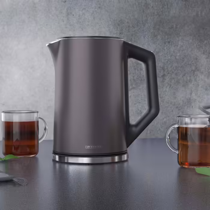 Arendo - Stainless Steel Kettle with Temperature Setting 40-100 Degrees in 5 Degree Increments - Double-Walled Design - Model ELEGANT - 1.5 Liter - 2200 W - Tea Kettle with Temperature Display - GS - Black (D: Volcanic Grey)