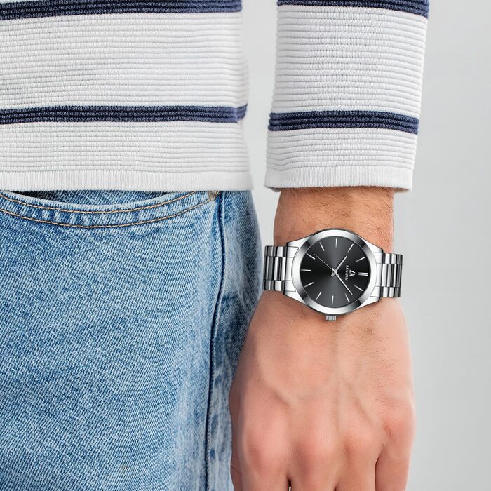 Годинник чоловічий LENQIN з нержавіючої сталі, аналоговий кварцовий годинник, водостійкий (30м), для бізнесу та повсякденного носіння, срібно-чорний (02)