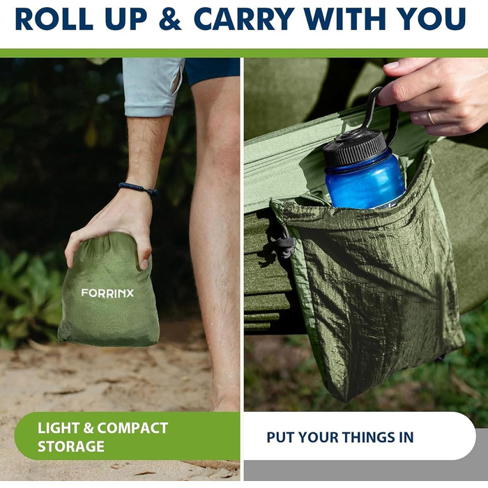 Гамак для відпочинку на природі та кемпінгу: двомісний, 300 x 200 см, ультралегкий, до 300 кг, нейлон, дихаючий, зелений