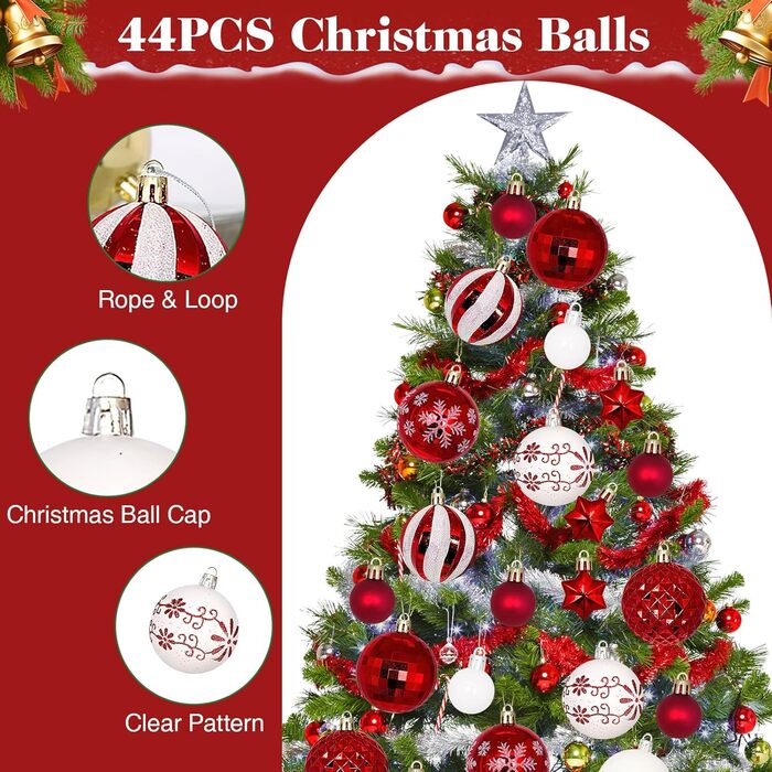 44 штуки новорічних кулі пластикові, набір прикрас для ялинки, персоналізовані кулі для ялинки білі та червоні, новорічний декор для ялинки, зовнішній та внутрішній декор білий та червоний