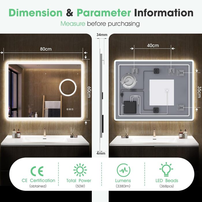 Дзеркало для ванної кімнати S'bagno з підсвічуванням 80x60 см, LED, Bluetooth, протитуманне покриття, 3 кольори, диммування, пам'ять налаштувань, загартоване скло, IP44, водонепроникність, горизонтальне/вертикальне встановлення