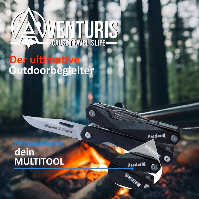 AVENTURIS® Multitool. Great multifunctional tool as bicycle accessories or outdoor gear, a multitool tool as men's gifts or a Leatherman multitool in green (Personalized, Black).