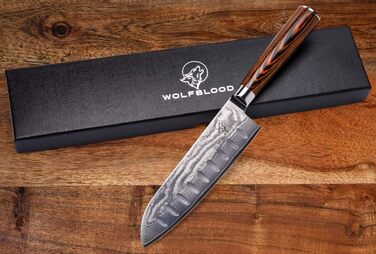 Професійний кухонний ніж Santoku Wolfblood XL 30 см з 67-шарової дамаської сталі, дерев'яна ручка, подарункова коробка та чохол для леза
