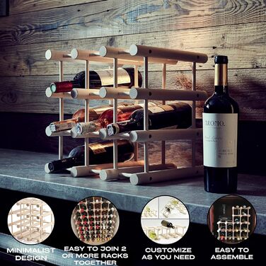 Wooden wine rack for 12 bottles, practical for kitchen or home bar. Modular wine bottle rack, natural beechwood.