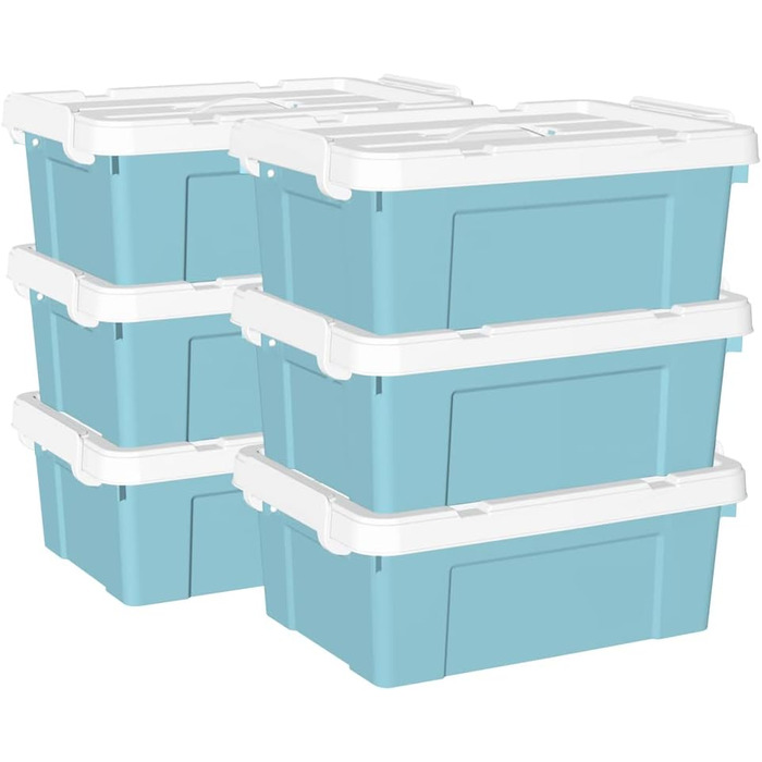 Cetomo 65 l x 6 Plastic Storage Box, Tote Bag, Organizer Container with Robust Lid and Secure Locking Buckles, Stackable, 6 Pieces, Blue with Buckle (20L*6)