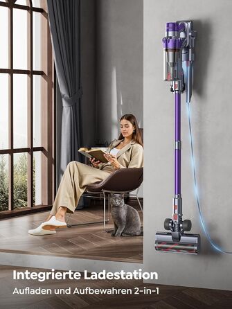 SMOTURE Бездротовий акумуляторний пилосос 600W, 50KPA, 65 хв роботи, самостійна підставка, для дому, з настінною зарядкою, автоматичний режим, знімна батарея, сенсорний дисплей