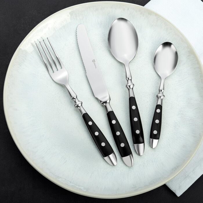 GRÄWE Stainless Steel Cutlery Set for 6 People, Heavy, Rustic, Flatware Set 24-Piece, Forged Cutlery with Black Handles - Nuremberg Series