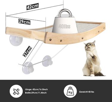 Zonema ZNM Cat Window Perches - Cat Hammock Sisal, Solid Wood Frame, Cat Bed Window with Strong Suction Cups, Cat Hanging Bed Window, Space-Saving Design, Holds up to 18KG