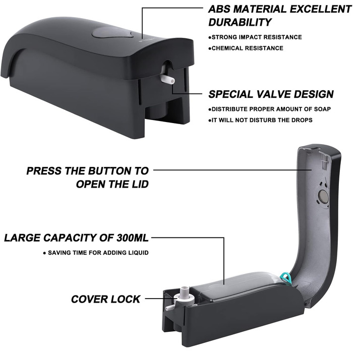 Дозатор мила настінний без свердління, 300 мл, ручний, для душу/шампуню/дезінфікуючого засобу, чорний/білий/золотий, опція сіро-чорний