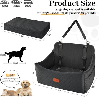 Wooaidagg Memory Foam Dog Car Seat - Washable & Detachable Pet Bed for Medium & Large Dogs - Includes 2 Leashes (Black, Large)