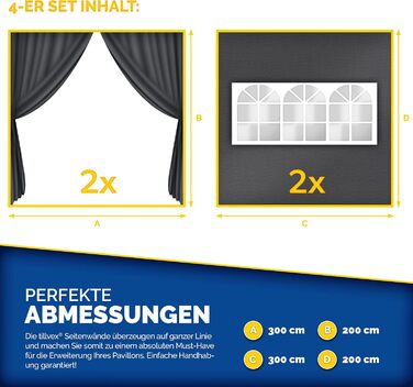 tillvex® 4-Sided Wall for Gazebo 3x3m | Foldable Gazebo Side Walls Water-Repellent | Side Windows & Zipper | Side Walls for Garden Tent Party Tent