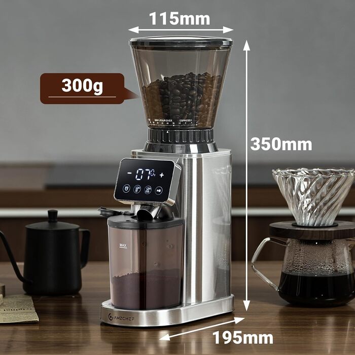 AMZCHEF Електрична кавомолка з регулюванням помелу для еспресо, drip, pour over, cold brew та French press | Срібна