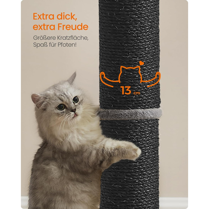 Feandrea Cat Tree, 85 cm (33.5 inches) tall, scratching post, 13 cm (5.1 inches) thick trunk, cat tree, scratching trunk for medium and large cats, sisal trunk, with plush ball and bell, PCA041G01 (ink black)