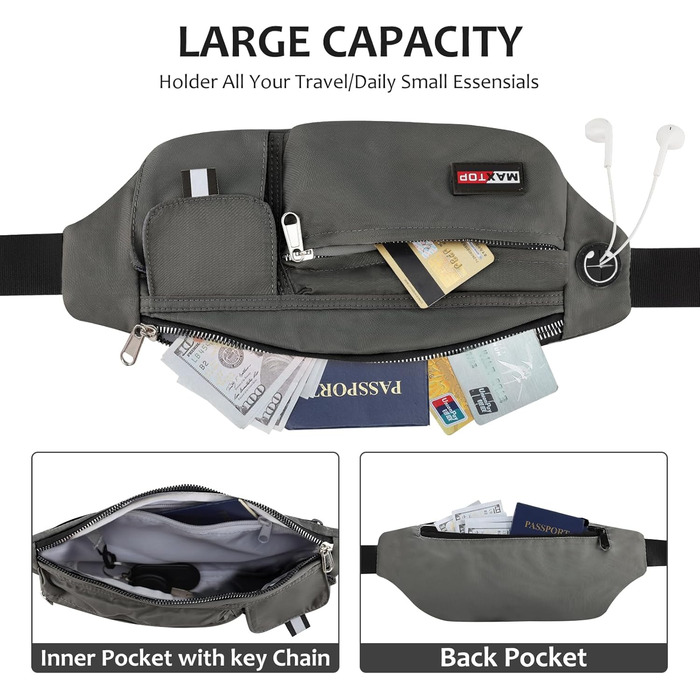 MAXTOP Поясна сумка на пояс для чоловіків та жінок, спортивна, водонепроникна, для подорожей, фітнесу, йоги, бігу (Світло-сіра)