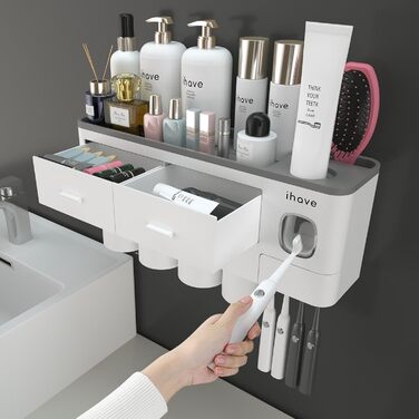 iHave Toothbrush Holder Wall Mounted, 4 Cup Toothbrush Holder with Toothpaste Dispenser - Tray with Large Capacity, 2 Cosmetic Drawers - Bathroom Organizer Storage, White