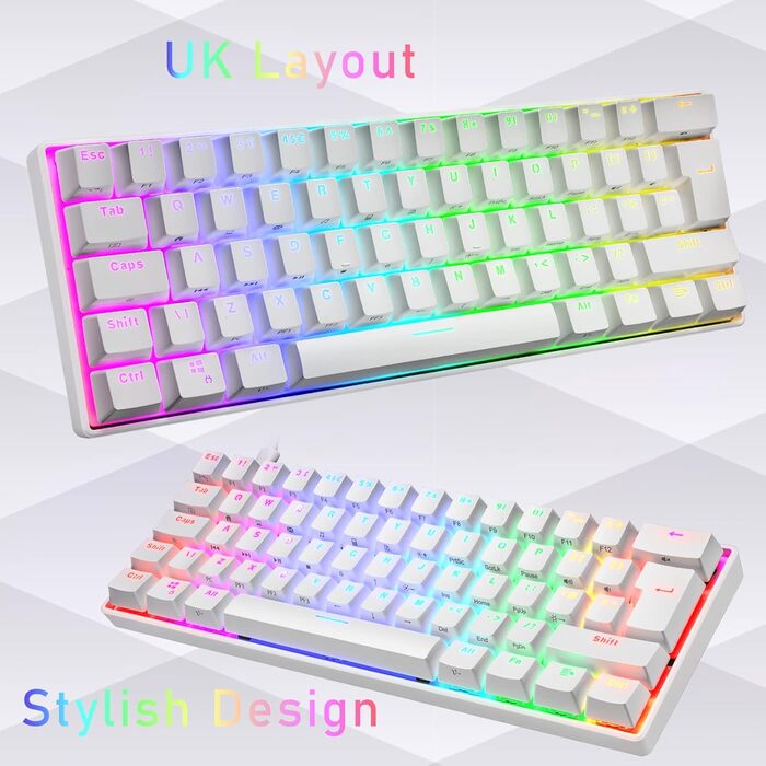 Ігровий комплект клавіатури та миші MK21: RGB механічна клавіатура 60% (62 клавіші), миша 6400 DPI, килимок для миші. Сумісність з PS4, Xbox, PC. Чорний/Blue Switch (White)