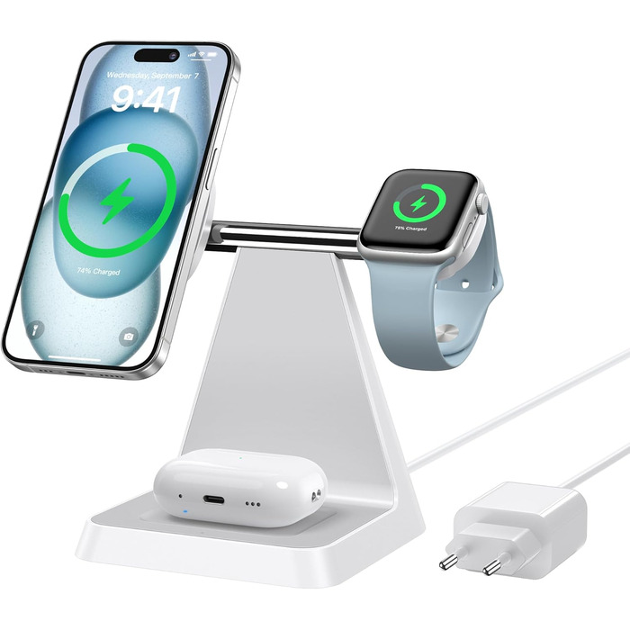 Бездротовий зарядний пристрій MagSafe 3-в-1 для iPhone: зарядка для Apple Watch та AirPods, сумісна з iPhone 16, 15, 14, 13, 12 (білий)