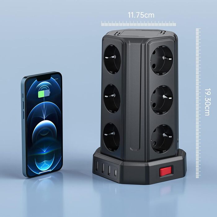 Смуга розподілу Sameriver на 12 розеток з кабелем 5м, 4 USB-порти, захист від перенапруги, чорний