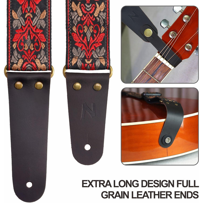 Гітарний ремінь Nefelibata: 2 шт., вишиті, з повним шкіряним краєм, прихованою кишенею, для бас-, електро- та акустичних гітар, безкоштовна пряжка, замок та медіатори. Червоний ретро-квітка