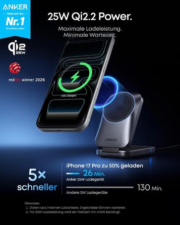 Зарядна станція Anker Prime 3-in-1 Qi2 25W з системою охолодження AirCool, бездротовий зарядний пристрій, чорний