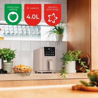 Фритюрниця BOURGINI з керамічним покриттям, без хімікатів (PFAS, C6, PFHxA, PTFE, PFOA та BPA), 5 літрів, компактний дизайн, 1500 Вт, для здорового харчування (Бежевий)