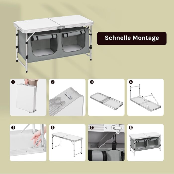 Складний алюмінієвий кемпінговий стіл WOLTU з регульованою висотою та полицями для зберігання, білий+сірий - для пікніка, пляжу, саду