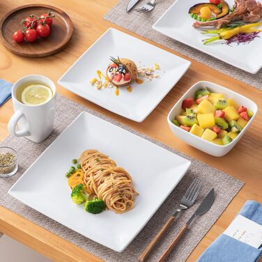 Square Dinnerware Set, Vancasso SOHO Tableware Service for 6 People, 24-Piece Stoneware Dinner Set with Dinner Plates, Dessert Plates, Bowls, and Cups, 24 Piece White